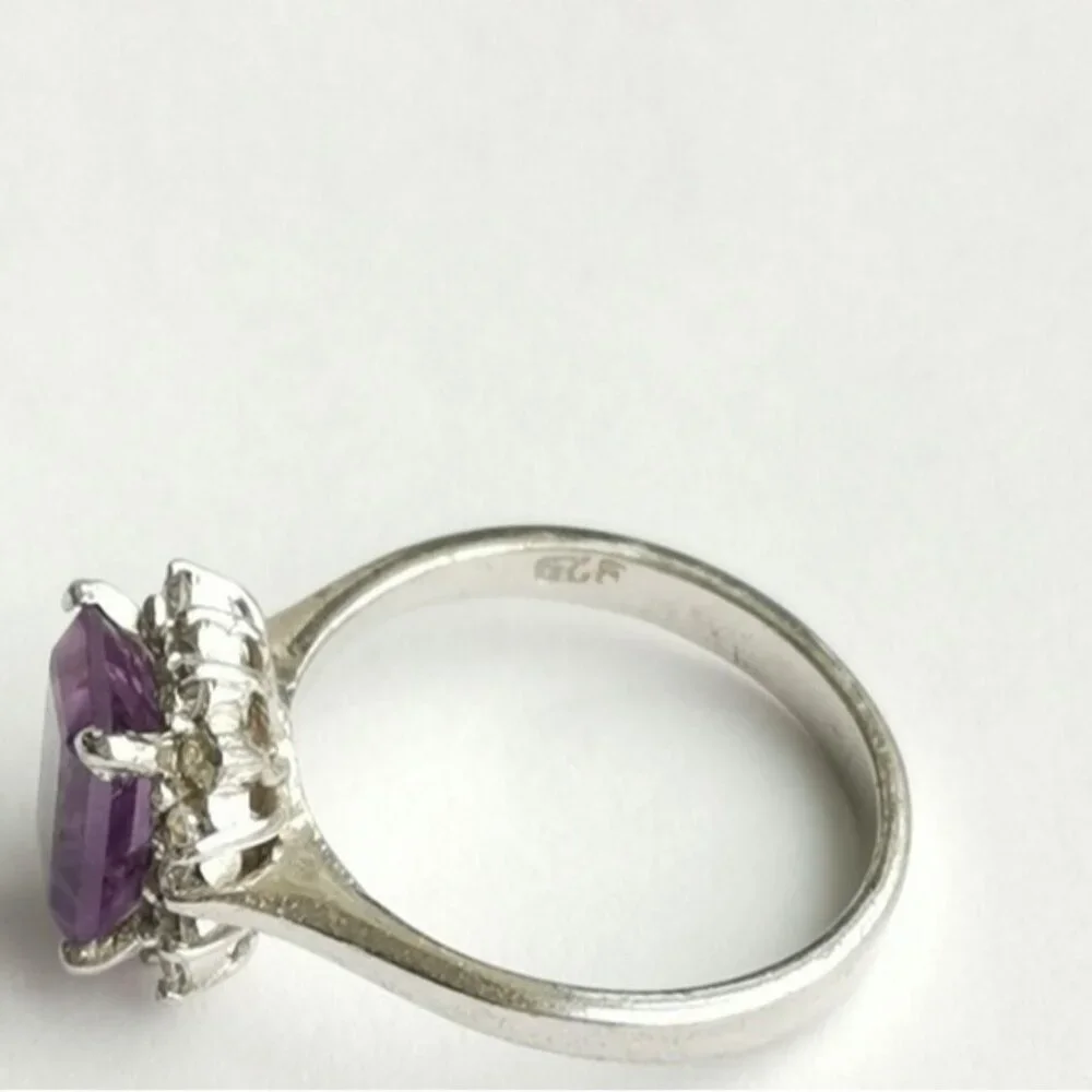 Amethyst White Topaz Halo Ring Sterling Silver Size 6